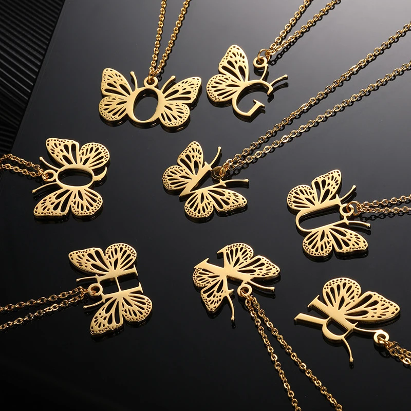 

Women Party Stainless Steel Butterfly Jewelry Initial Letter With Butterfly Necklace Alphabet Pendant Choker Female Gift