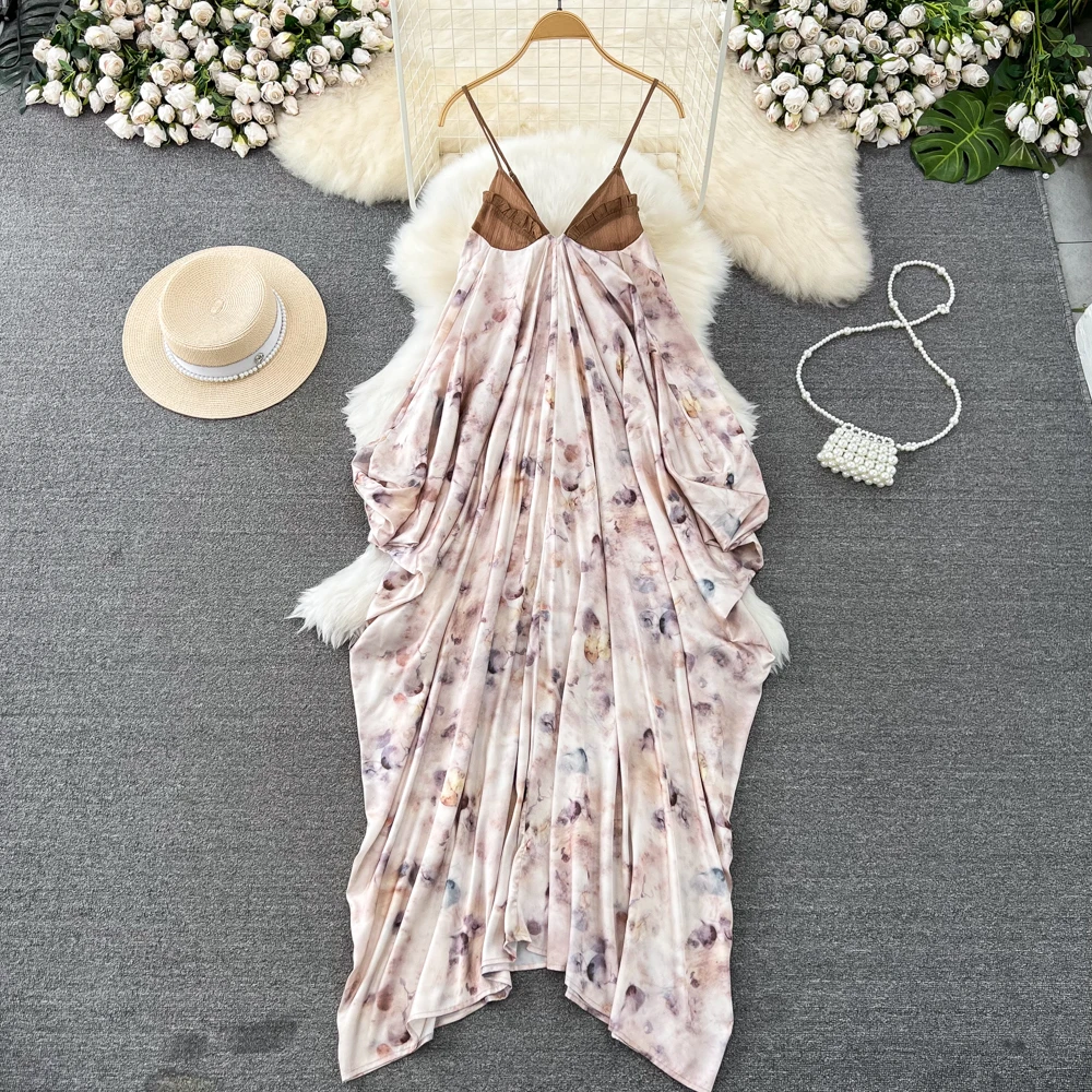 

Clothland Women Elegant Print Cami Dress Adjustable Straps V Neck Ruffles Sleeveless Backless Zipper Midi Dresses Mujer QC843