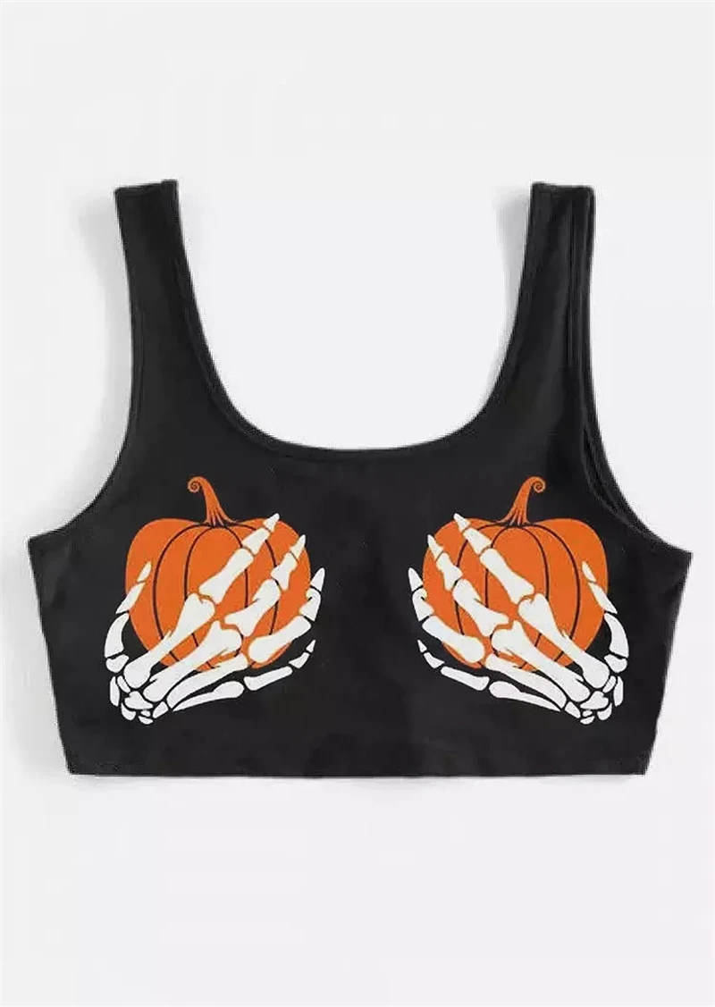 

Skeleton Hand Crop Tank Top Clothes Print Pumpkin Skeleton Hand Crop Women Summer Sleeveless Cami Top Harajuku Black Streetwear