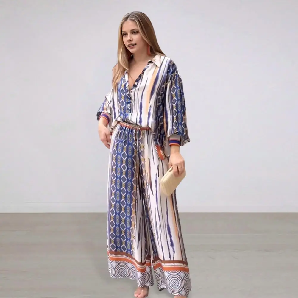 Женский свободный комплект в богемном стиле пляжный с рубашкой длинным рукавом и