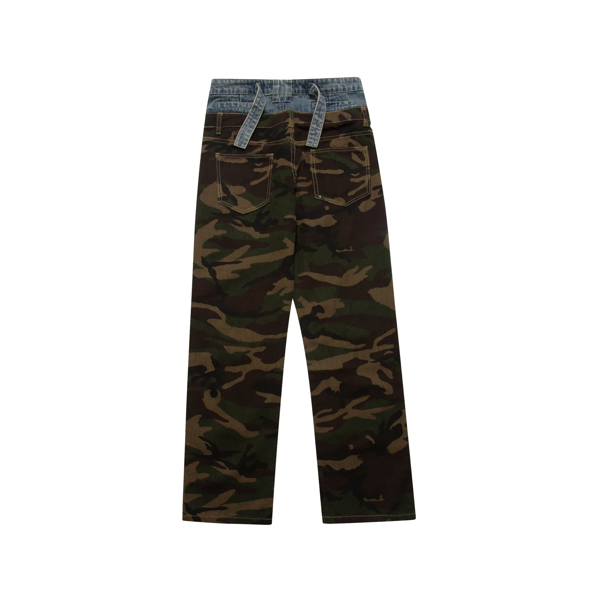 American retro camouflage fake two-piece straight men's jeans autumn all-match tide brand casual button trousers y2k