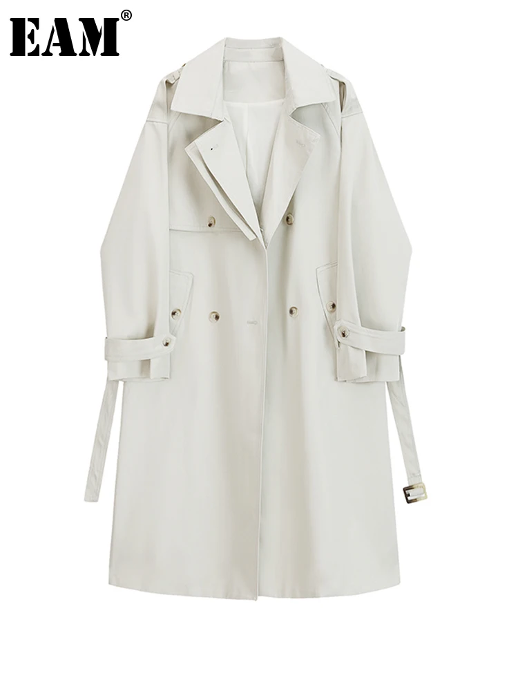 

[EAM] Women Apricot Long Casual Trench New Lapel Long Sleeve Loose Fit Windbreaker Fashion Tide Spring Autumn 2022 1DF1032