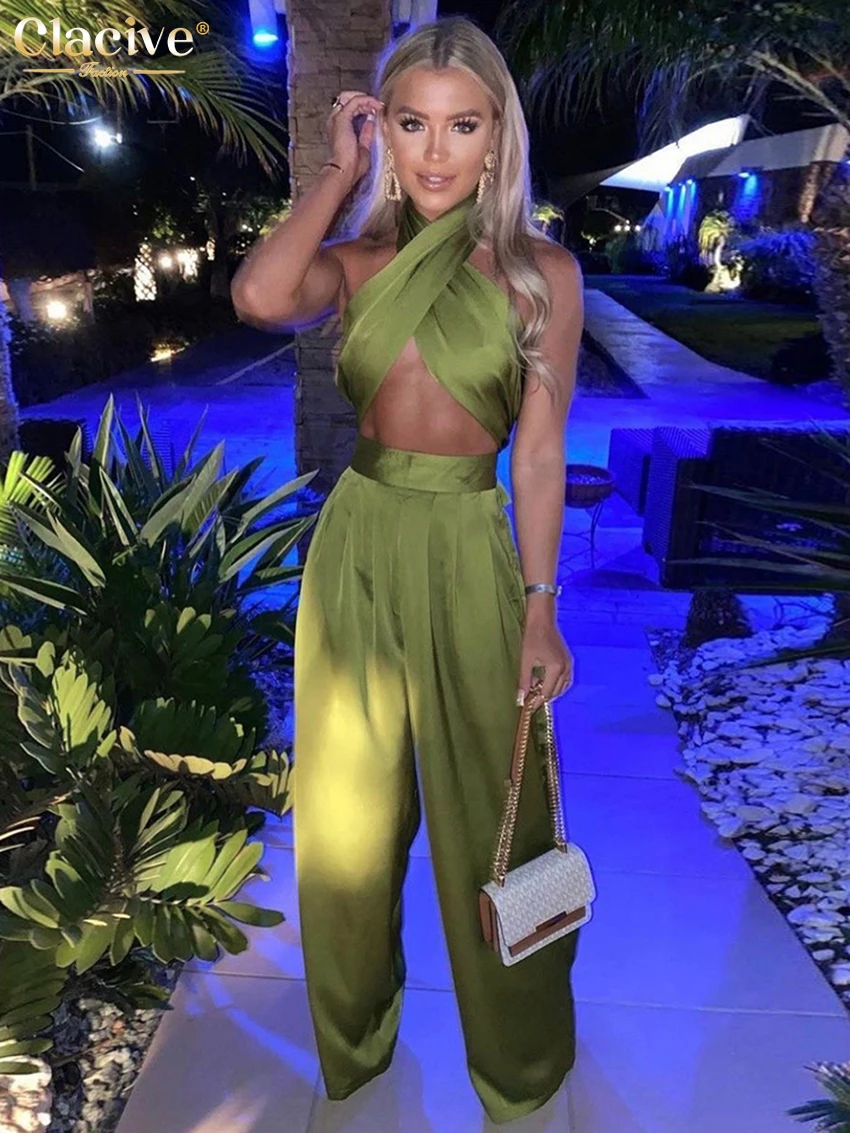 

Сексуальные шикарные атласные женские комплекты Clacive, комплект из двух предметов, летний топ с лямкой на шее и штаны-Палаццо с высокой талие...