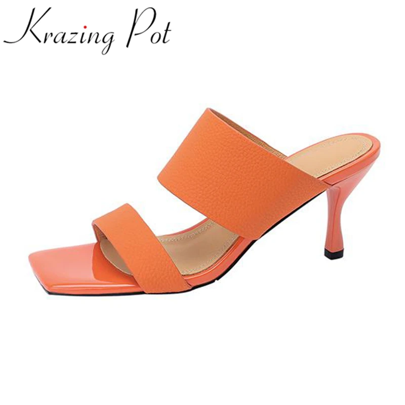 

Krazing Pot genuine leather slip on flip flops summer thin high heels fashion mules women orange color sweet easy wear sandals