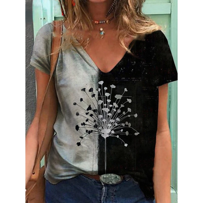 

2022 Summer Lady Casual Fashion V-neck Loose T-shirt Women Dandelion Pattern Printing Clothes Female Street Harajuku Tops