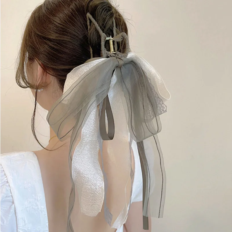 

Super Fairy Large Hair Claw Barrette for Women Girl Long Chiffon Ribbon Bow Hair Clip Hairgrip Headwear Wedding Hair Accessories