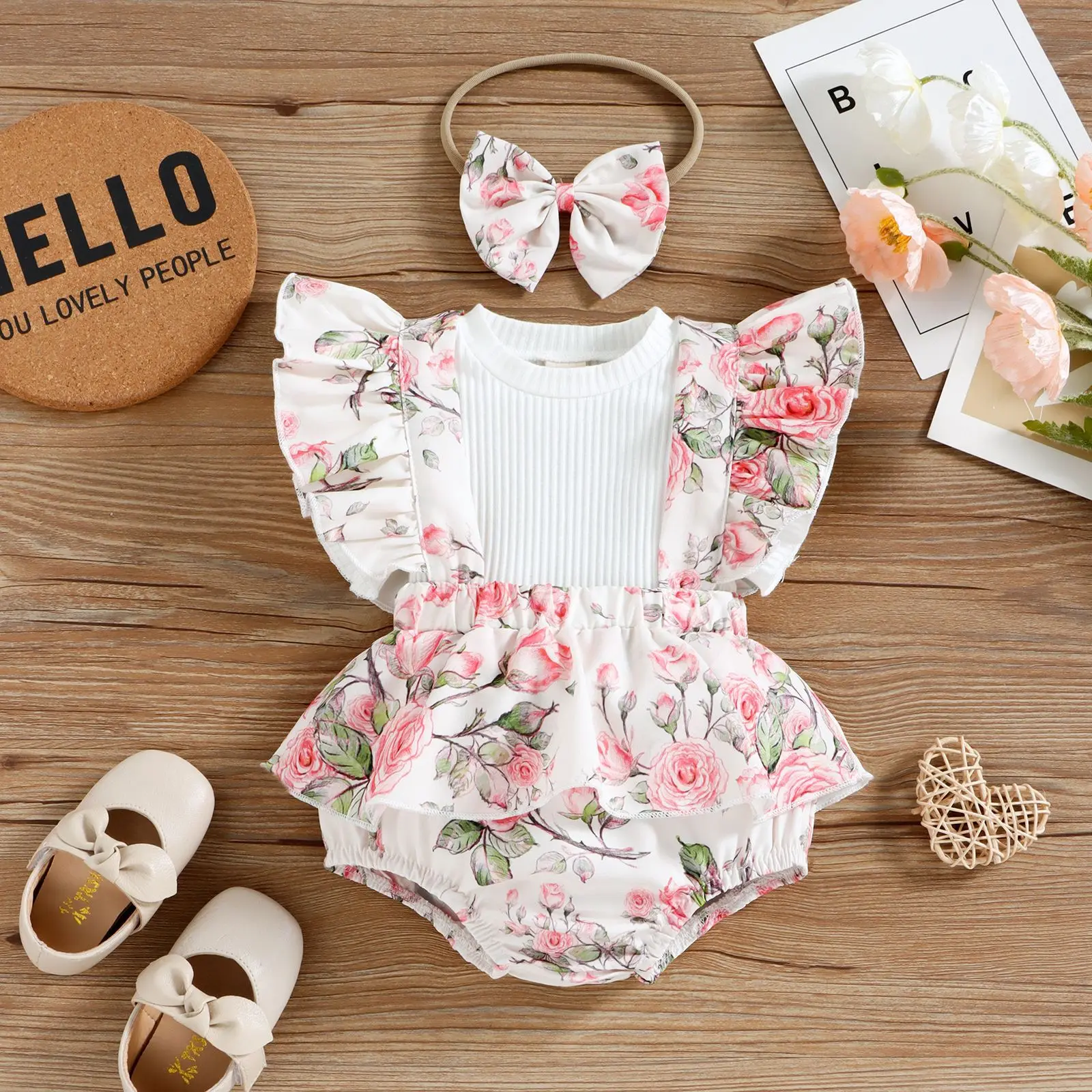 Summer Cotton Baby Girls Rompers Newborn Princess Baby Clothing Flying Sleeve Tops+Cute Flowers Toddler Infant Romper + Headwear