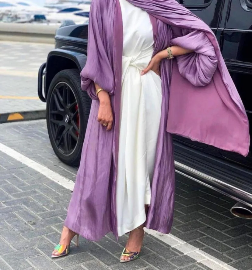 Muslim Satin Eid Open Abaya Dubai Bubble Sleeve Flowy Turkish Dresses Kaftan for Women Islamic Clothing Kimono Femme Musulmane