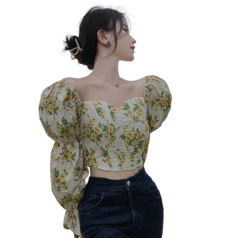 

Harajuku Style Women's Floral Print Long Sleeve Crop Top Slim Fit Casual Ruffles Chiffon Blouse