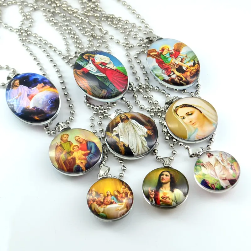 

12X Jesus Virgin Holy Family Saint Image Glass Pendant Necklace With Card Catholic Christian Orthodox Fashion Religious Jewelry