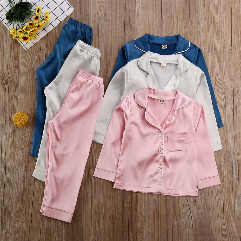 

Baby Boy Black Satin Silk Pajama Sets Sleepwear Long Sleeve Top Pants 1-7Y Toddler Kids Children Summer Fall Casual Nightshirt