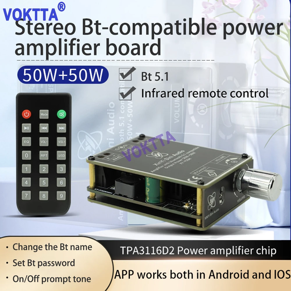 

XY-Y50H Bluetooth Digital Power Amplifier Board TPA3116 Class Stereo 2.0 HIFI Music Wireless Module Audio AMP 2*50W DC9-24V