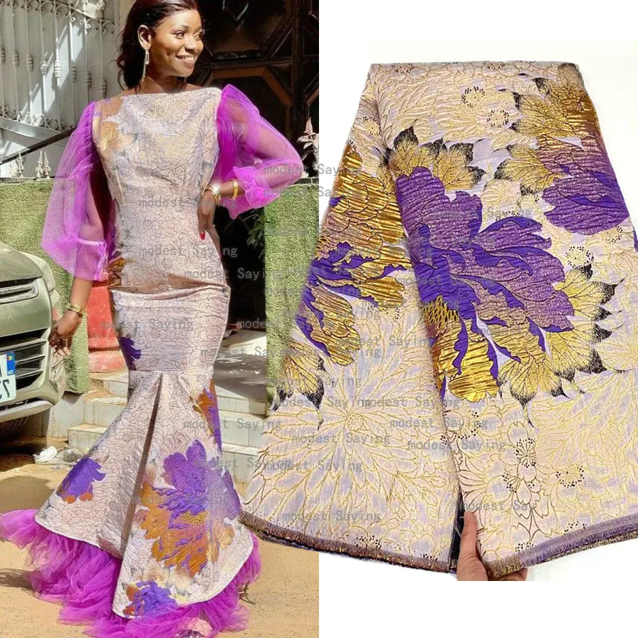 

High Quality 5 Yards African Gild Jacquard Lace Fabric Peony Pattern French Brocade Material for Nigerian Evening Dresses DIY