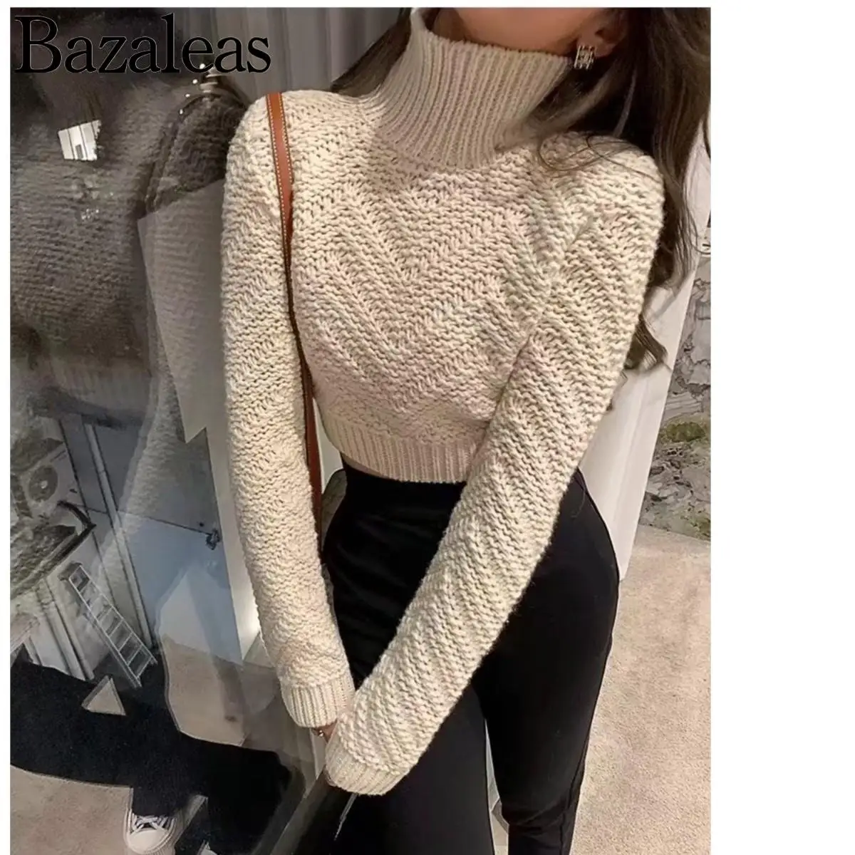 

Укороченный свитер 2022, Элегантный Повседневный свитер для женщин, вязаные пуловеры с длинным рукавом и высоким воротником