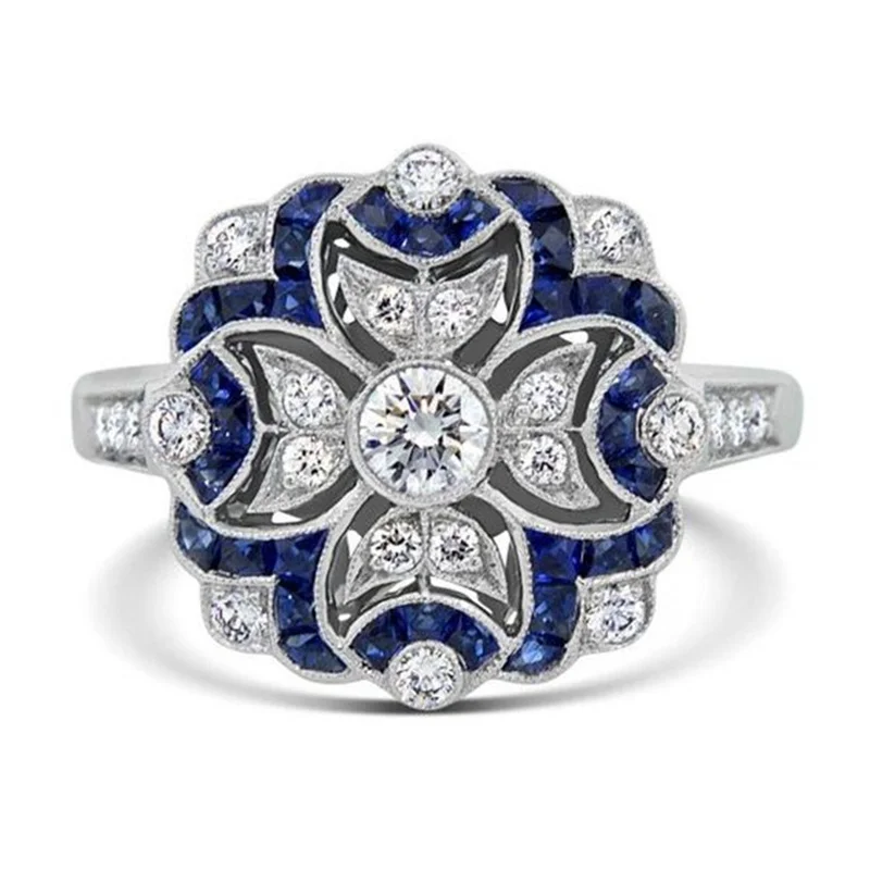 

Creative Fashion Retro Blue and White Zircon Inlaid Flower Patten Engagement Ring For Women Jewelry Hand Accessories