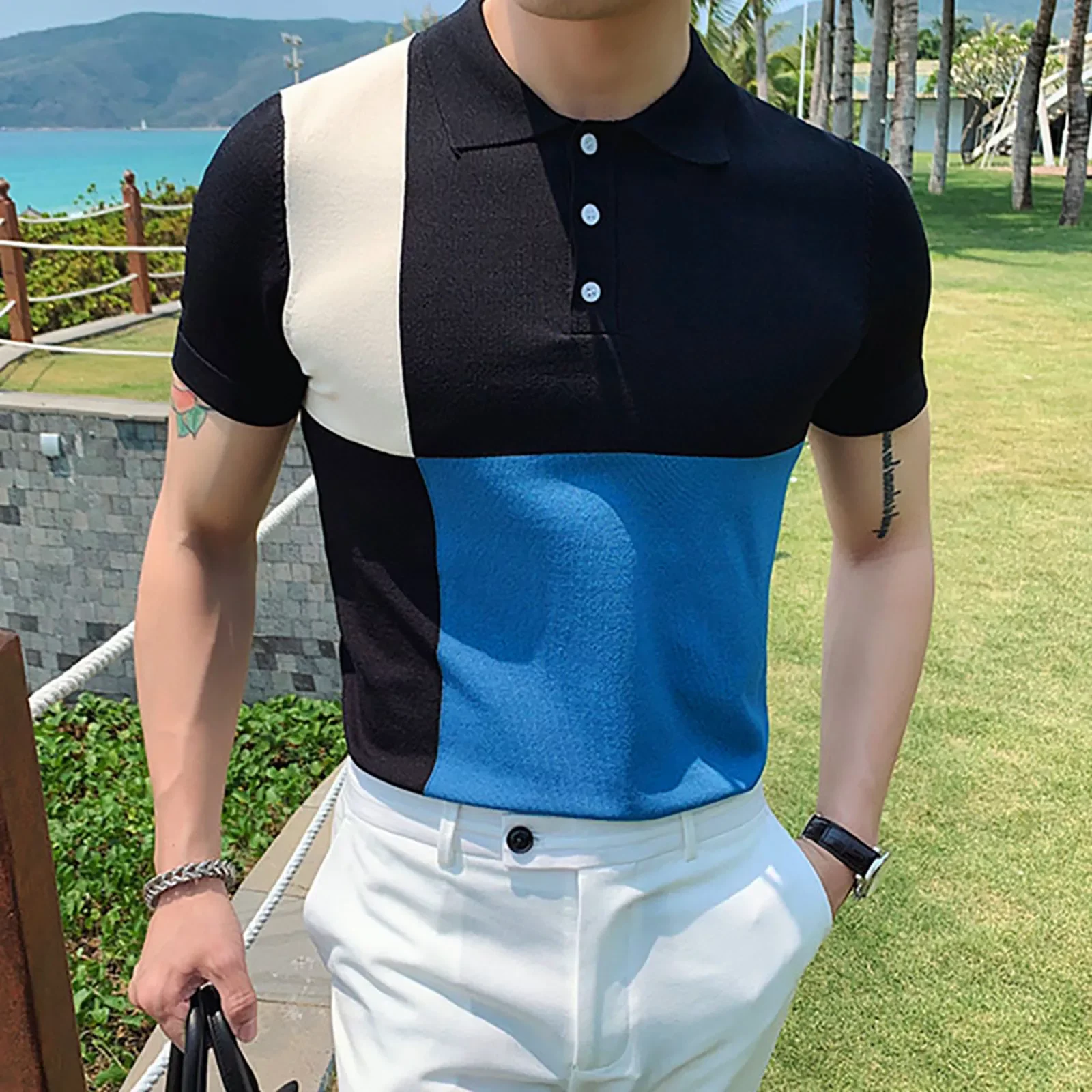 

Винтажная рубашка для мужчин, цветной вязаный пуловер с лацканами в стиле пэчворк, модная мужская Облегающая рубашка с коротким рукавом, ле...