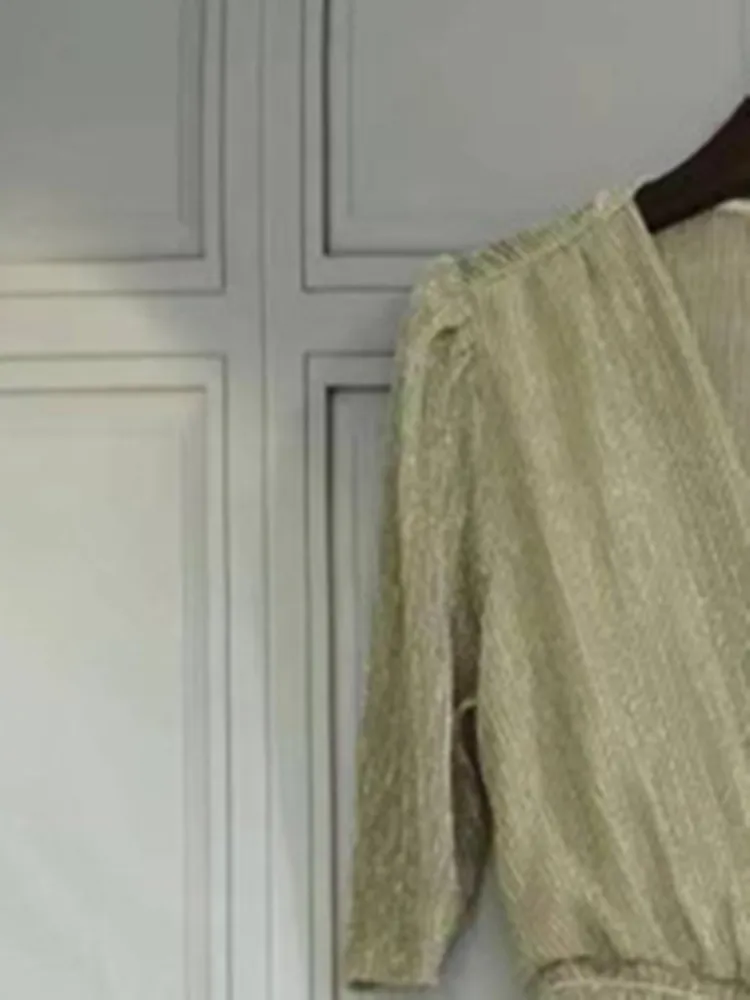 

Women's Layered Ruffle Mid-Calf Dress Lurex V-neck Elastic Waist Slim Short Sleeve 2023 Fall Temperament Female Fashion Robe