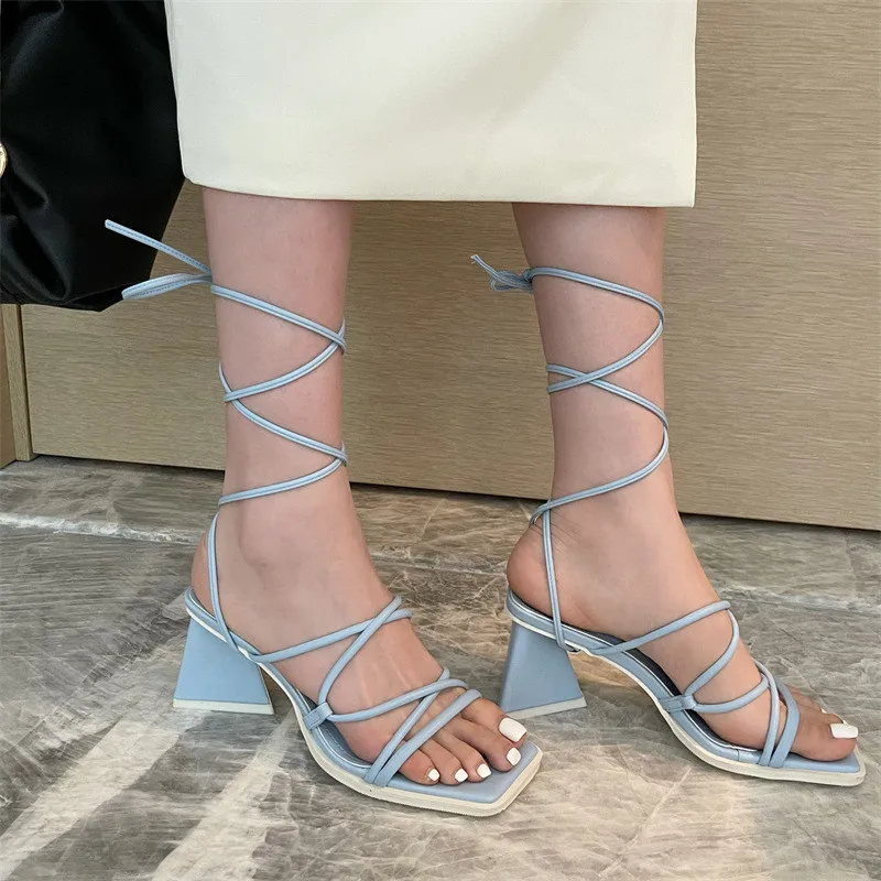 

2021 Summer New Women Sandal Shoes Fashion Narrow Band Square High Heel Ladies Sandal Shoes Outdoor Female Casual Pumps Slide