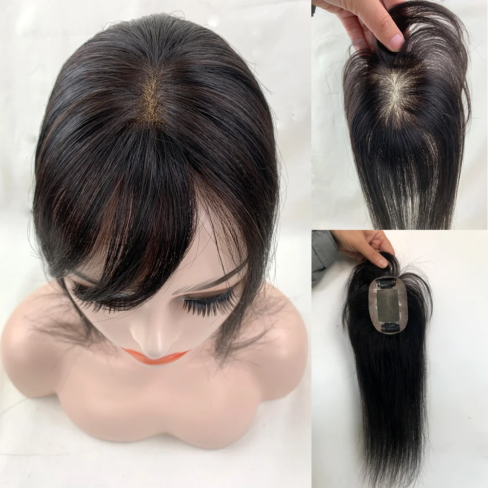 

Mono+PU Base With Clips In Hair Toupee 7x10 Hand Tied Straight Remy Hairpiece Human Hair Topper Hairline For Women