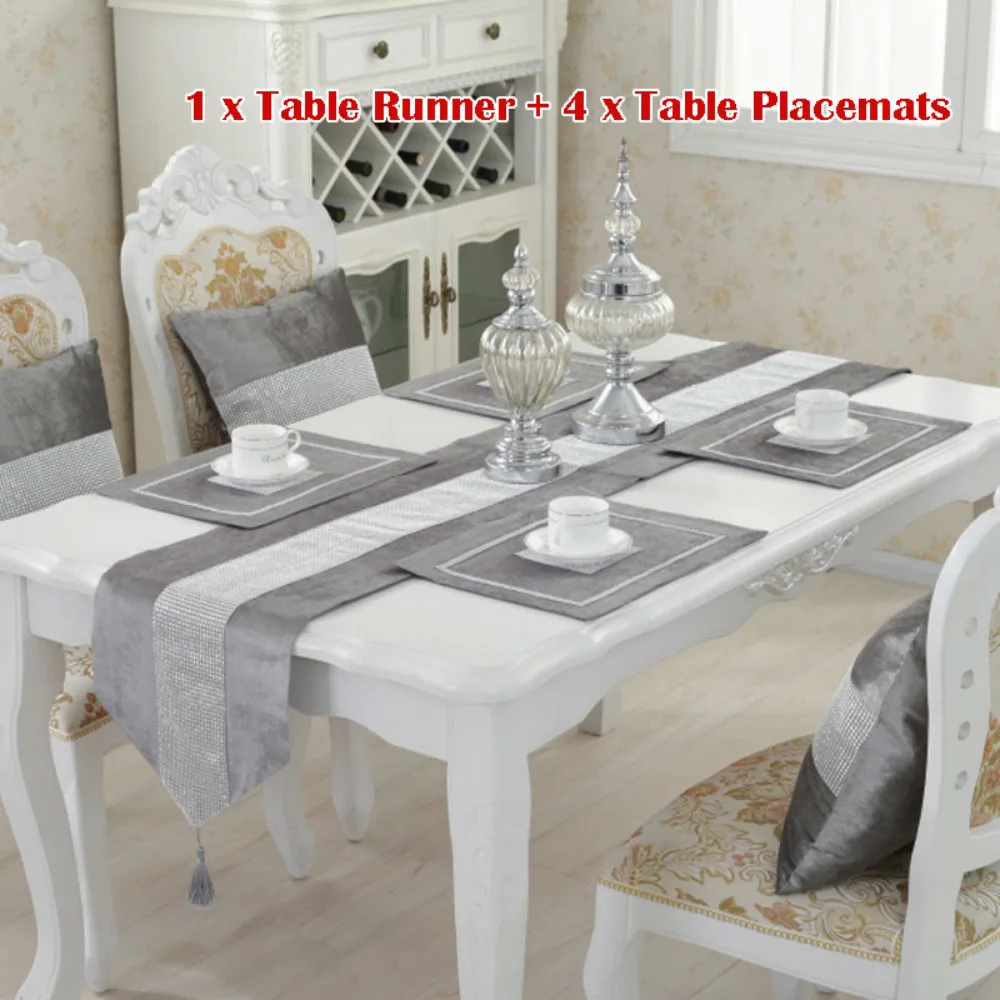 Moderne Diamant Samt Tisch Läufer + 4 Speisesets Tablemats Wohnkultur Hochzeit Party Dekoration KEINE KISSEN ABDECKUNG
