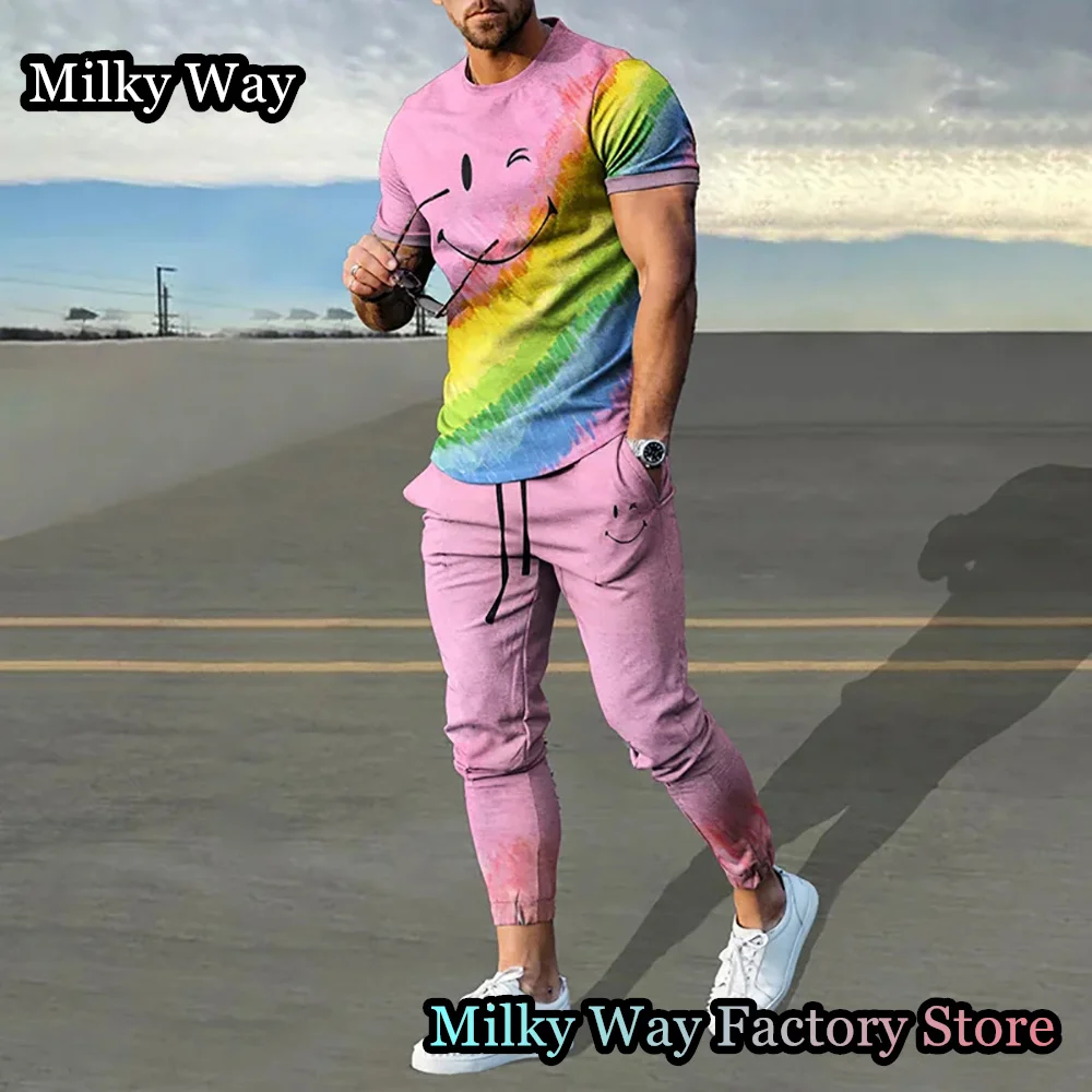 Summer Men Tracksuit 2 Pieces Gradient Color T-Shirt Trousers Set Casual Jogging Suit Fashion Outfit Male Smile Streetwear