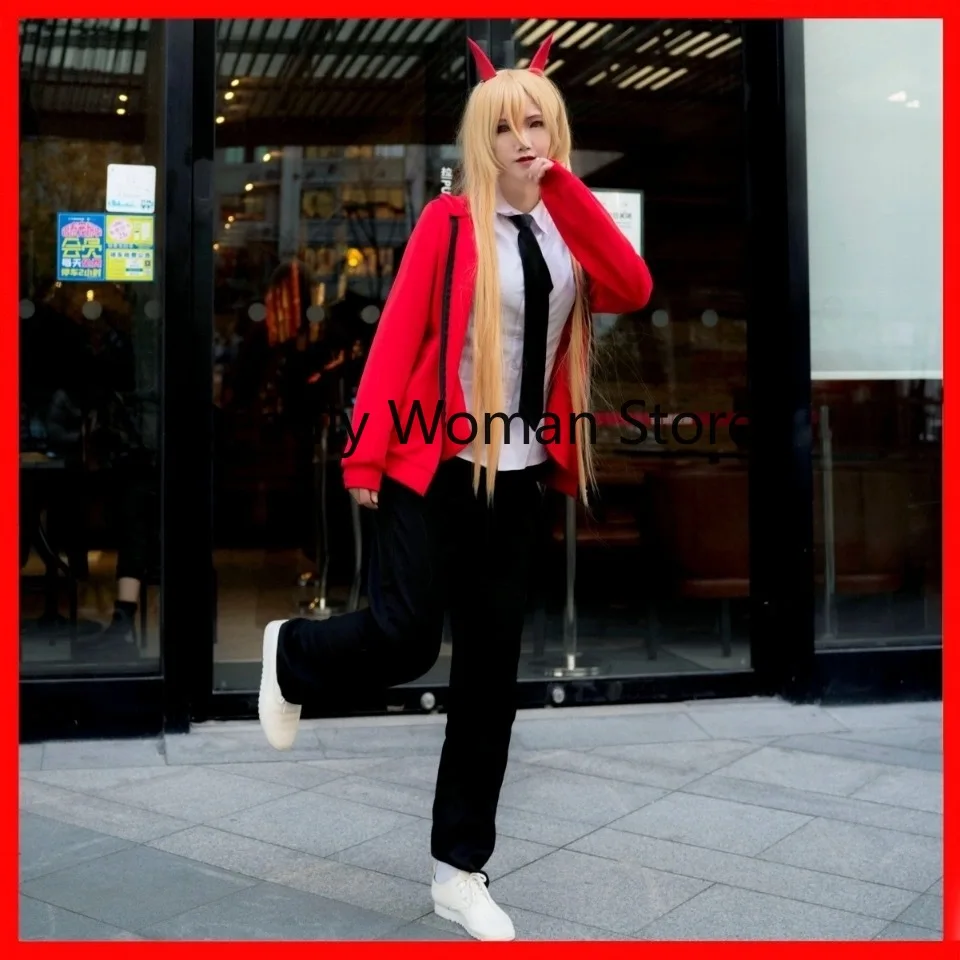 Anime Cosplay Chainsaw Man Power Makima Costume Wigs Red Jacket Horns Hair Clip Contacts Halloween Party Outfit Women |