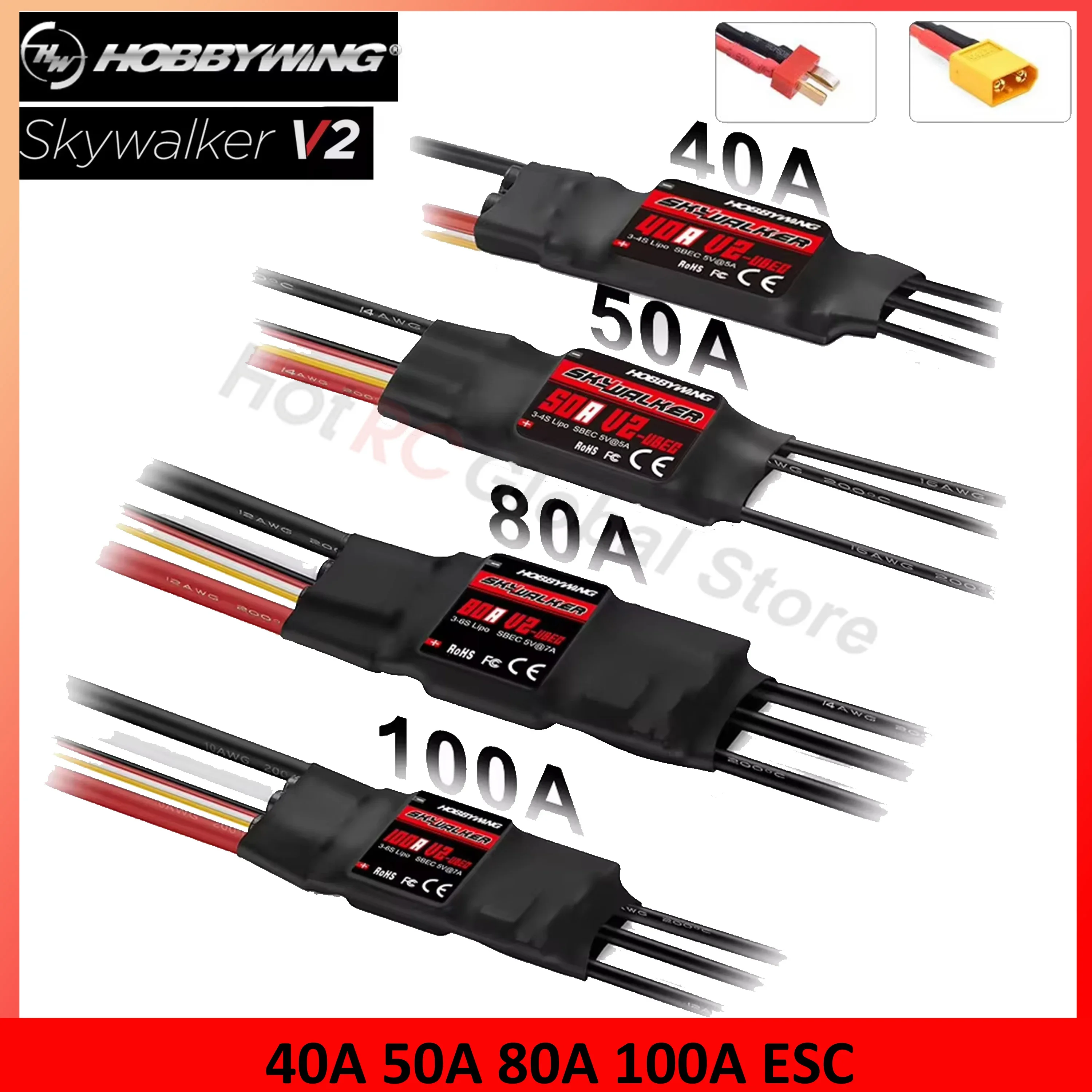 Фото Контроллер скорости HOBBYWING Skywalker V2 Series 40A 50A 80A 100A бесщеточный ESC T/XT60 для радиоуправляемого FPV дрона квадрокоптера самолета №1