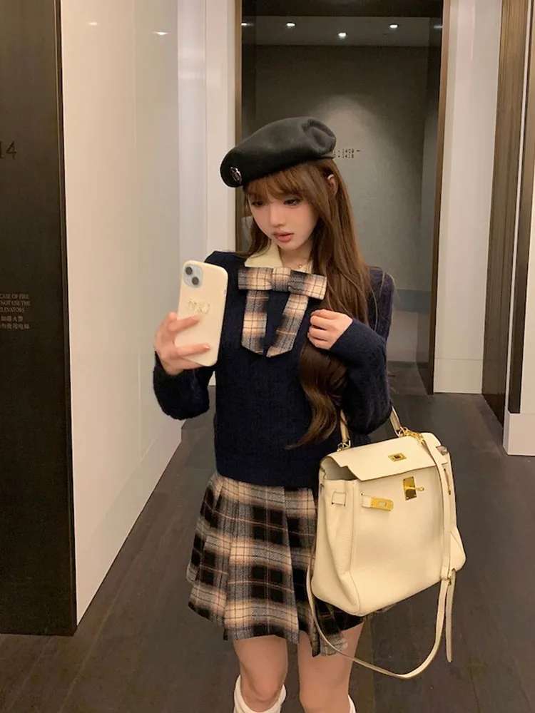 Костюм в стиле преппи комплект из 2 предметов с юбкой милый кардиган воротником