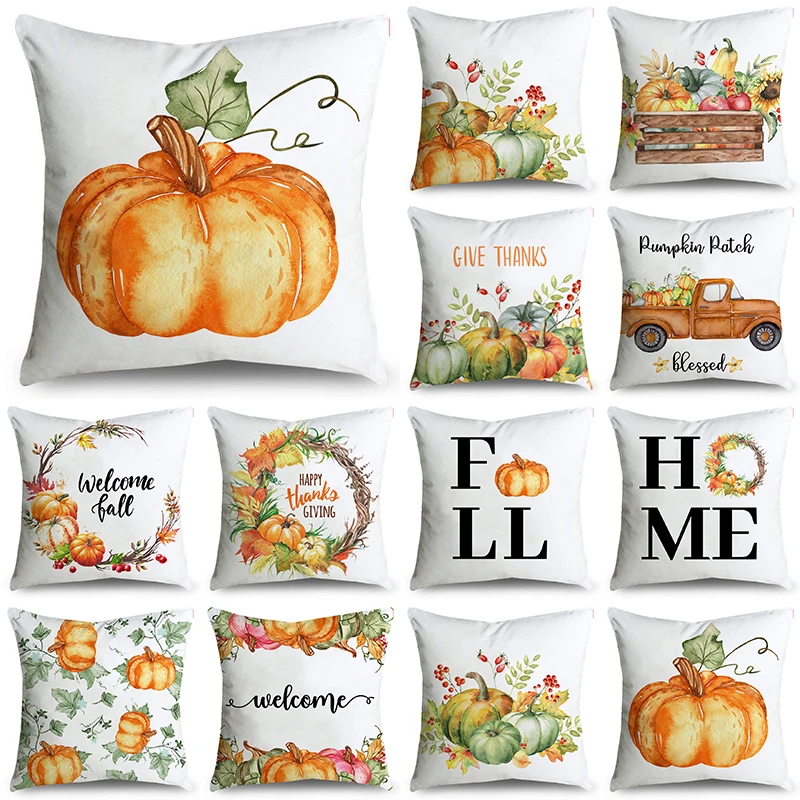 

Give Thanks Autumn Harvest Pumpkin Flower White Throw Pillowcase Cushion Covers For Sofa Office Bedroom Decor Multiple Size