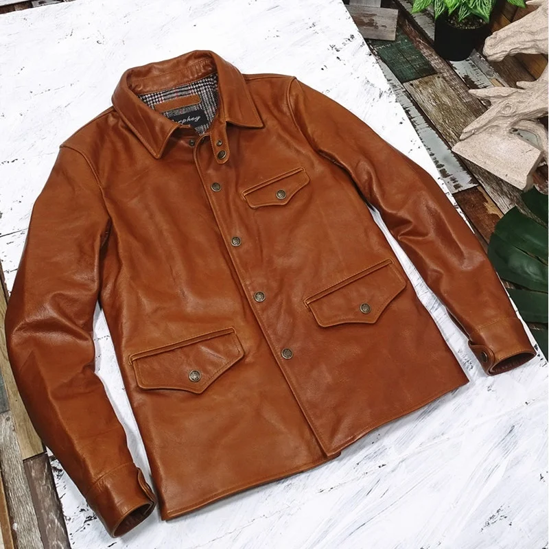 

YR!Free shipping.Japanese style Vintage genuine leather jacket.Us cowhide brakeman coat.Classic casual leather cloth.quality