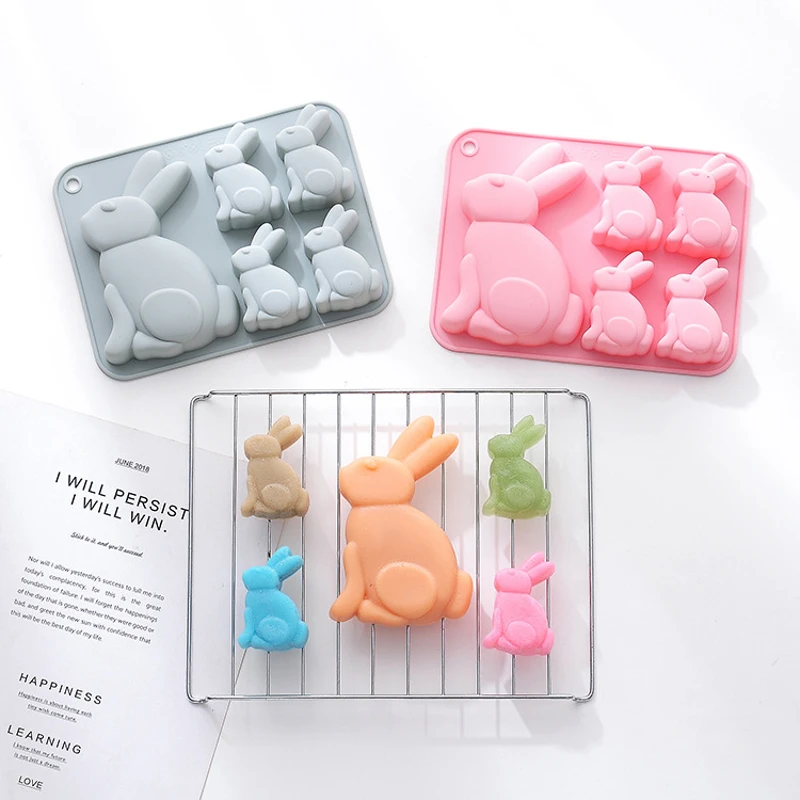 

Easter Bunny Chocolate Silicone Mold for Baking Rabbit Shape French Dessert Fondant Mousse Cake Animal Mold (5 Cavity Blue Pink)