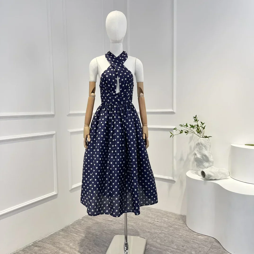 

2023 Spring Top Quality Navy Blue Polka Dot Pleat High Tide Halter Backless Holiday Dress Women