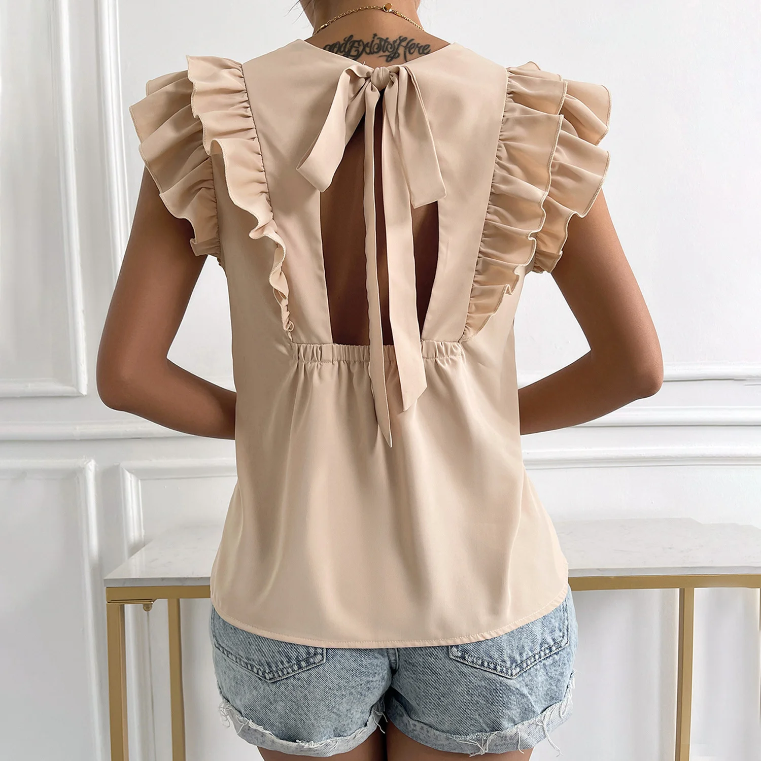 Топ DGIRL с оборками футболка новинка 2022 однотонный жилет без рукавов круглым