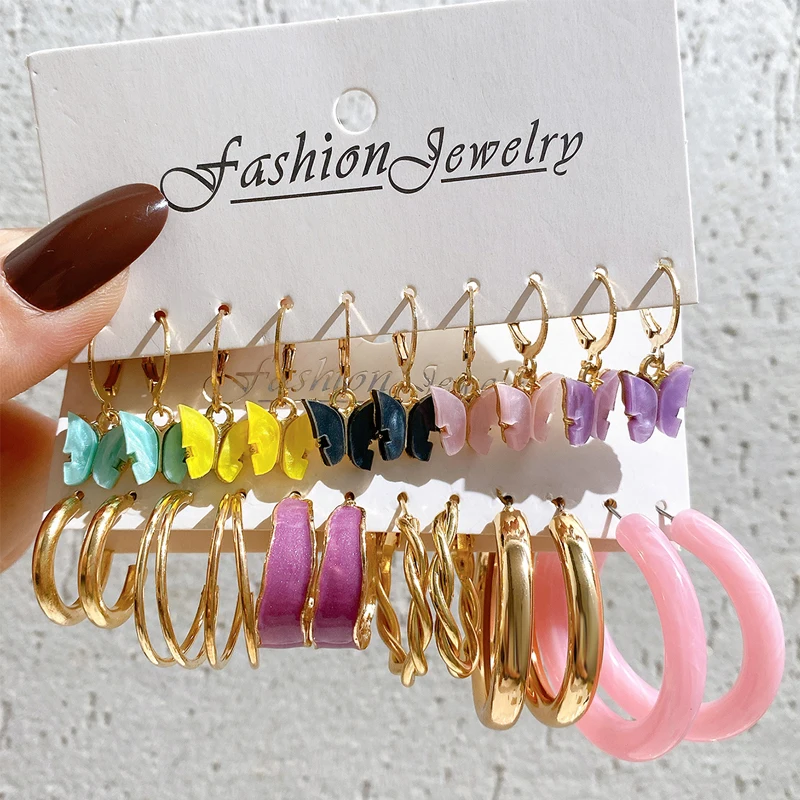 

Colorful Resin Earrings Set Metal Butterfly Pearl Pink Purple Green Acrylic Hoop Earrings For Women Party Jewelry 2022 New