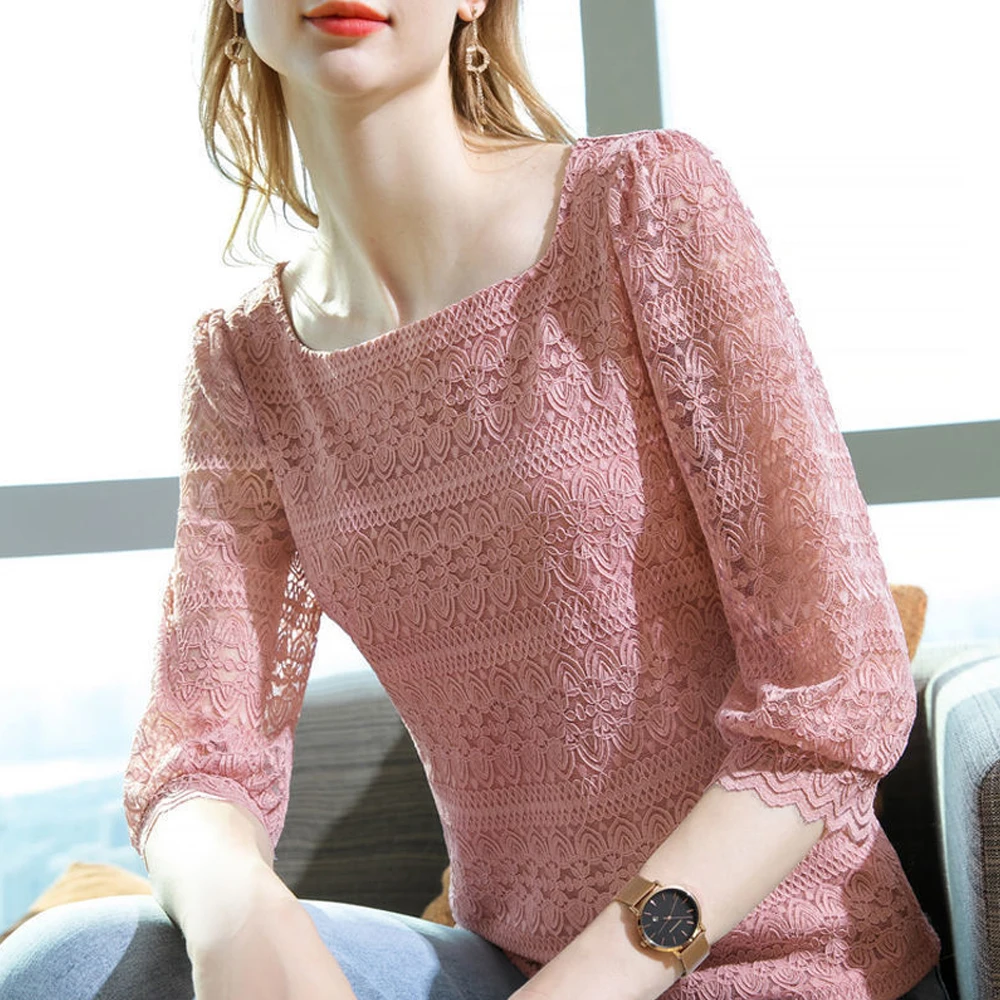 

S-3XL New Transparent Korean Women Lace Blouse Y2k Pink Cute Sweet T Shirt Women Retro Short Sleeve Lace Tee Prepply Korean