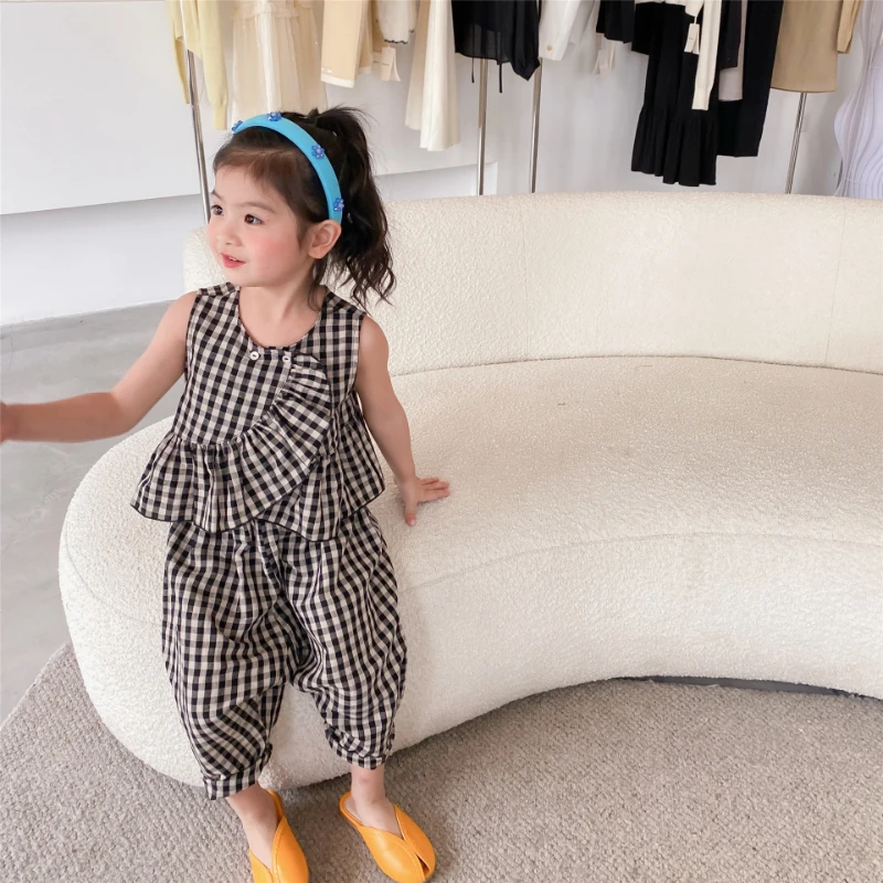 

2022 Summer Girls Clothing Set 2Pcs Plaid Ruffle Shirt+Radish Pants Sleeveless Baby Girl Clothing Set