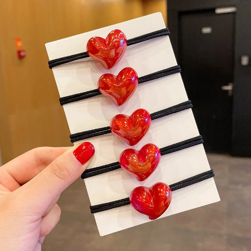 

5PCS Red Heart-shaped Hair Ring Love Hair Tie Rope High Elastic Hair Rope Band Headress Hair Accessories For Women Girl