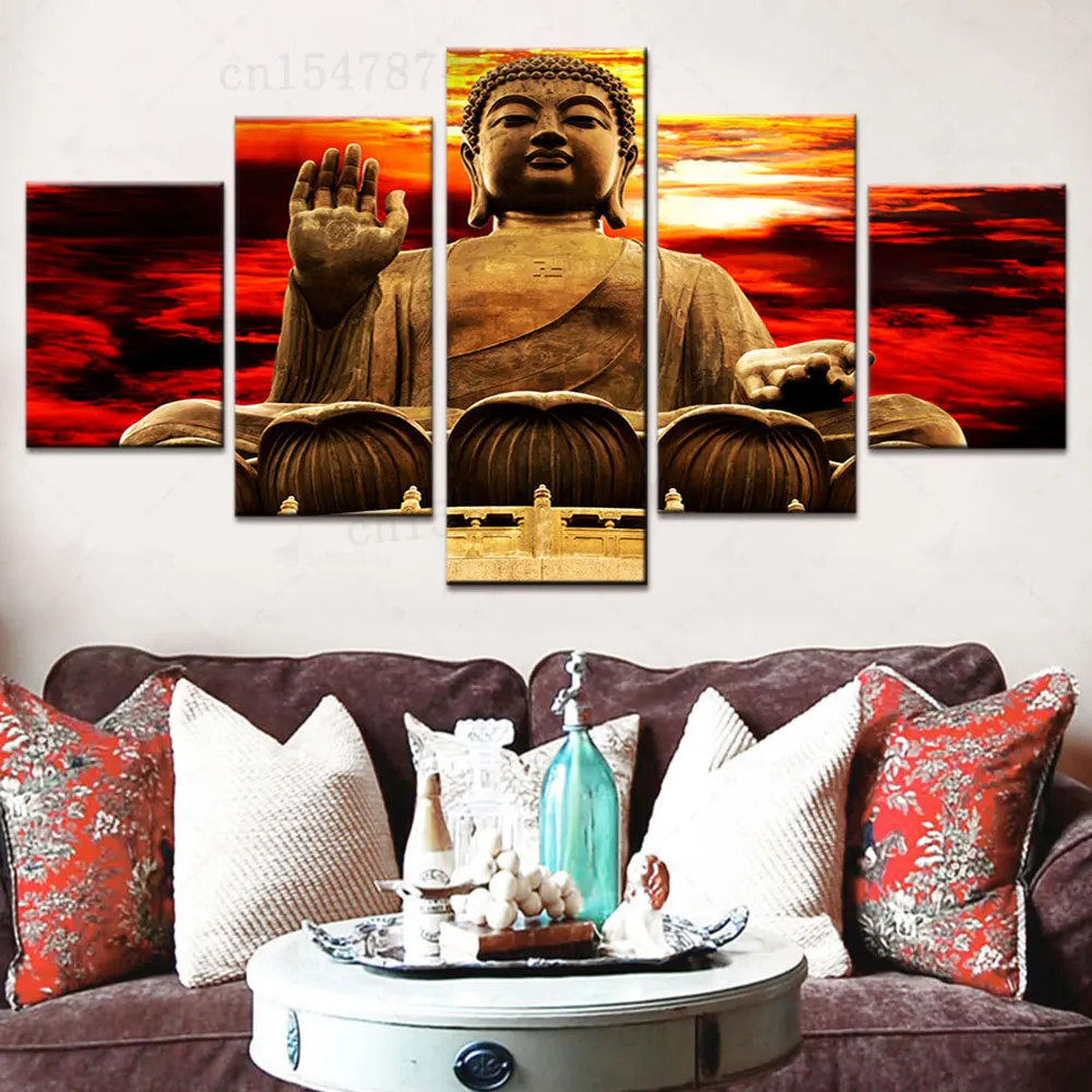 

5 панелей, желтая статуя Будды, картина d, модульная Настенная картина, картины для гостиной, плакат, домашний декор