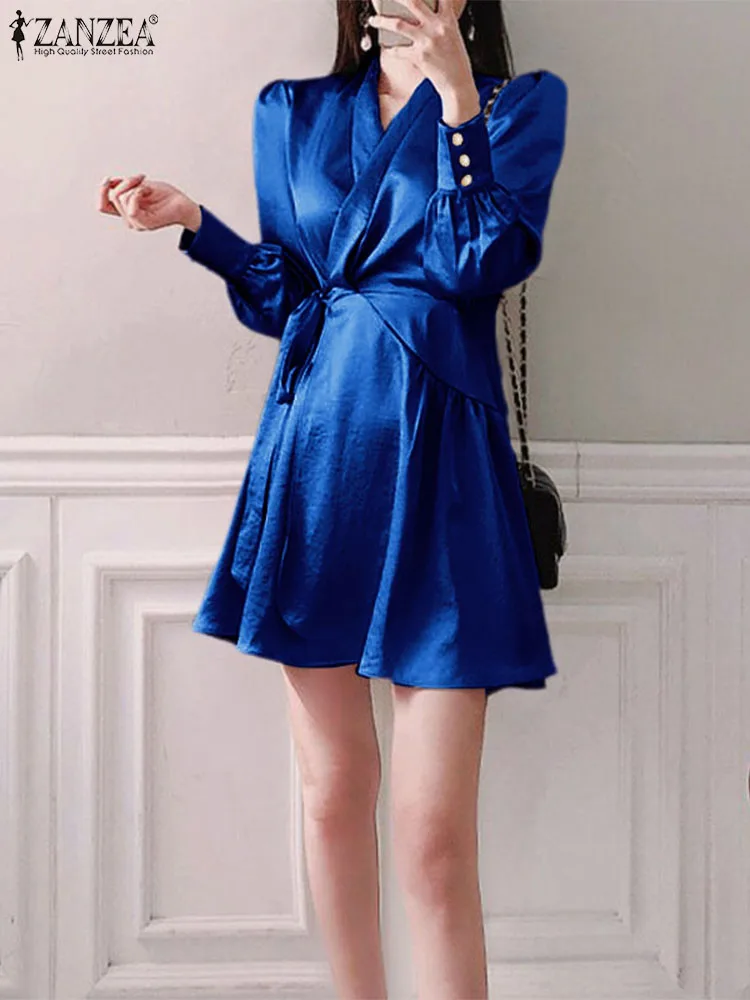 

Модное женское мини-платье ZANZEA с длинным рукавом и V-образным вырезом, Элегантное летнее платье 2023, повседневные плиссированные атласные шелковые платья