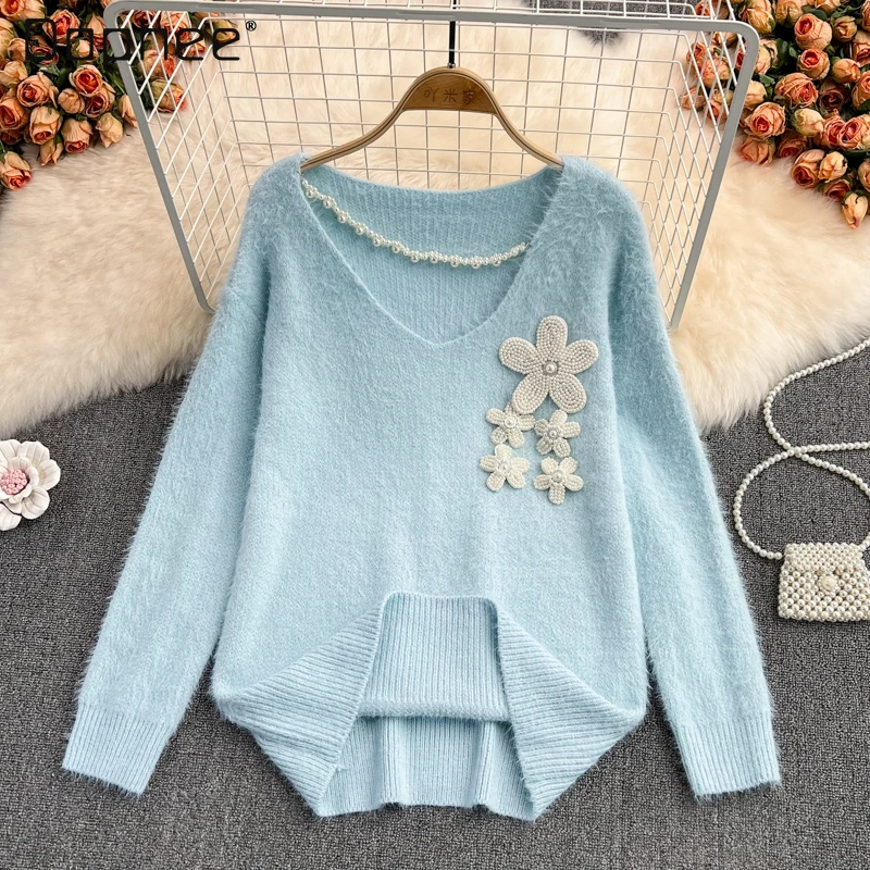 

Fashion Loose Mid-Length Sweater Autumn Winter Long Sleeve Mink Woolen Knit Pullover Female 2022 New Korean V Neck Jumper