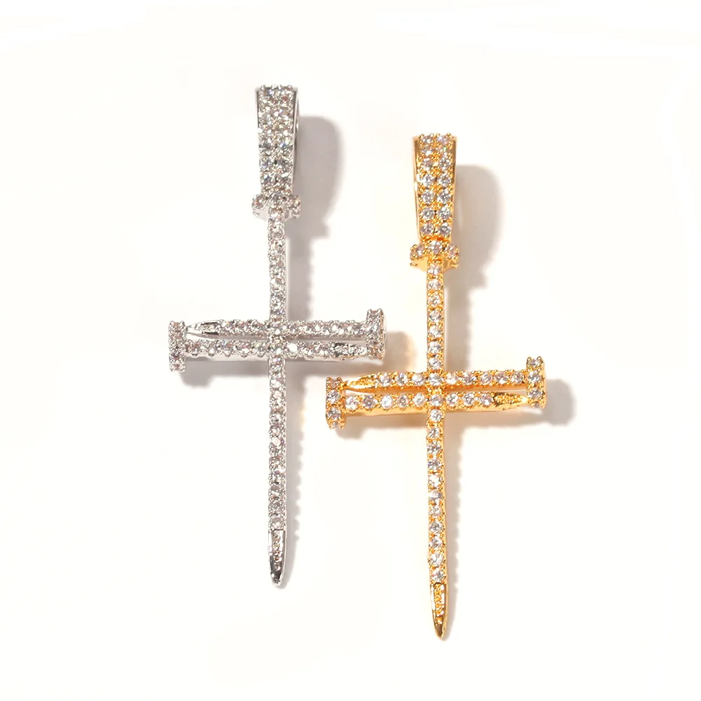 

TopBling Hip Hop Nail Cross Pendant Necklace Bling Religious Jewelry Full Cubic Zirconia 18K Real Gold Plated
