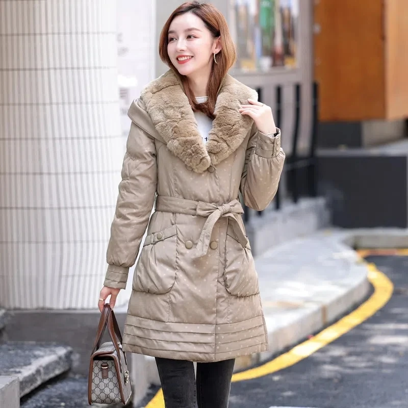 Down Jacket Women Hooded Rex Rabbit Fur Collar Fashion Slim Parkas Female Large Size Waist Long Thick White Duck Down Jacket