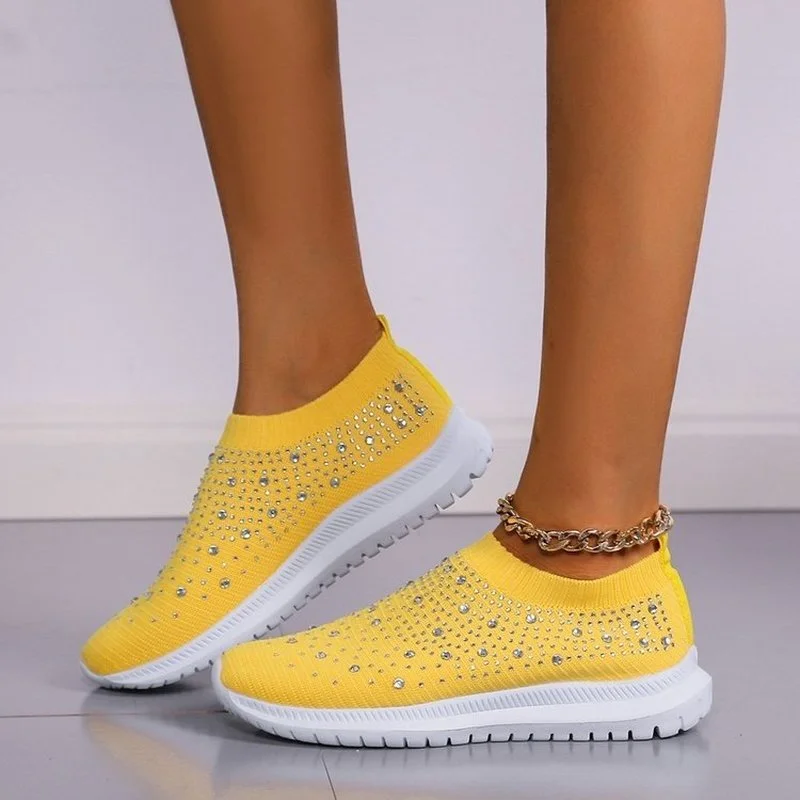 

2022 Vulcanized Shoes Sneakers Women Trainers Knitted Sneakers Ladies Slip-on Sock Shoes Sparkly Crystal Zapatillas Mujer Casual