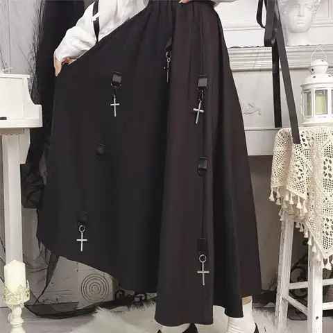 Gothic Women Cargo Long Skirt 4xl Loose Harajuku Streetwear Midi Long Dark Black Punk Vintage High Waist Hip Hop A Line Skirts