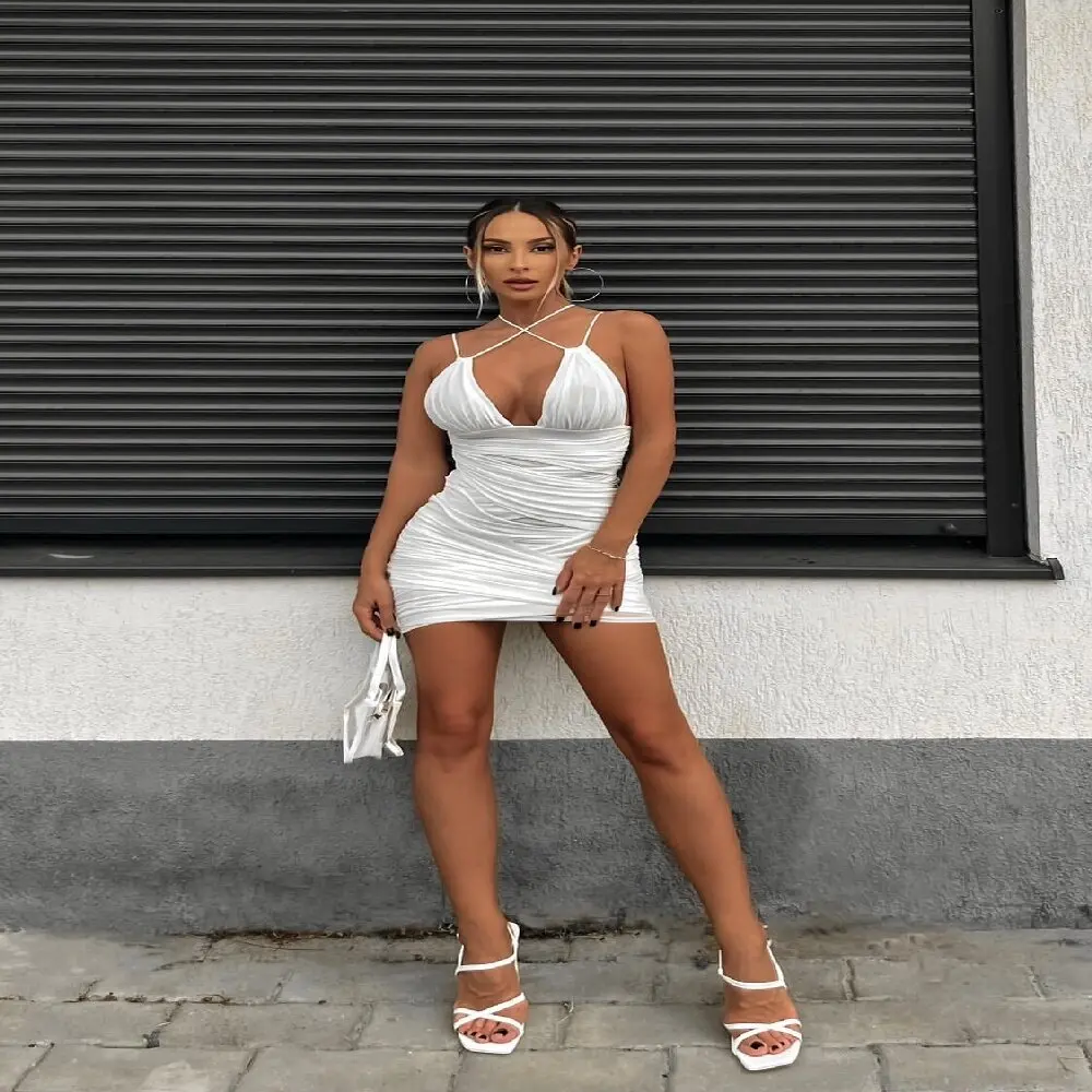 

New Style Sexy 3 Color Sleeveless Short Spaghetti Strap Dress Women Gauze Pleated Design Wrapped Hip Skirt Birthday Party Gown