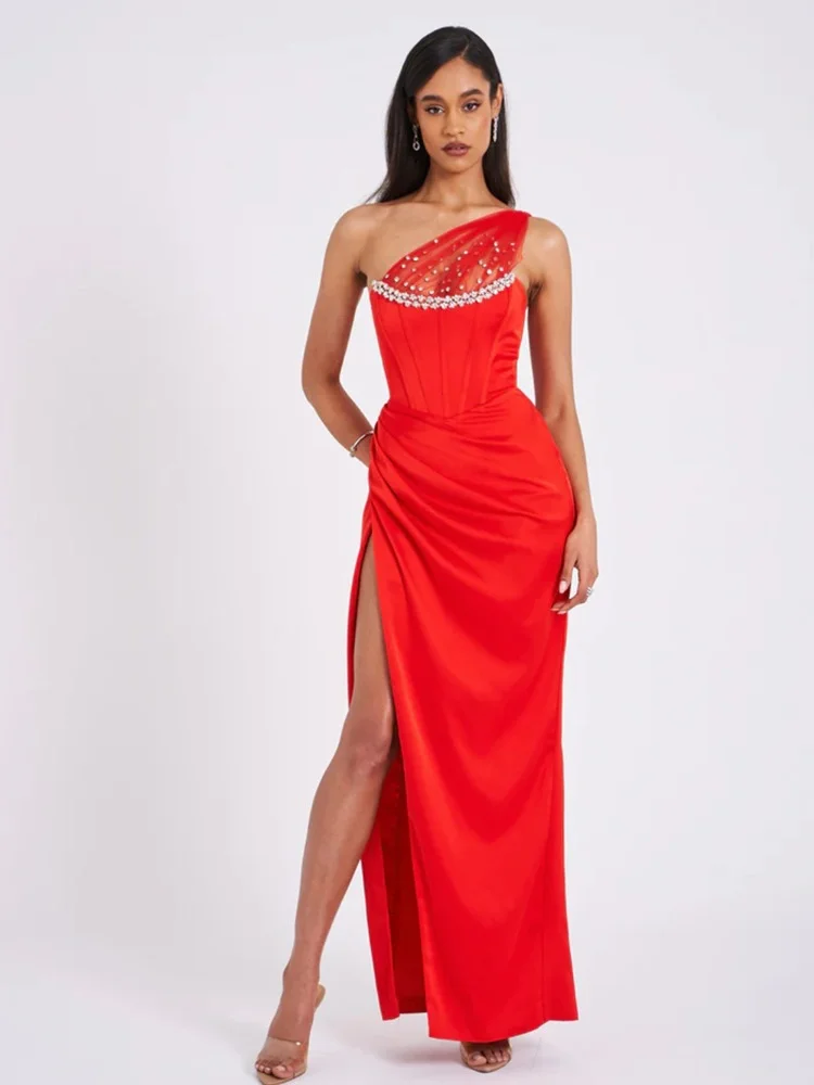 

BEVENCCEL 2023 New Summer Women's Red Sexy Temporary Backless Sleeveless One Shoulder High Split Tight Clubwear Long Dress
