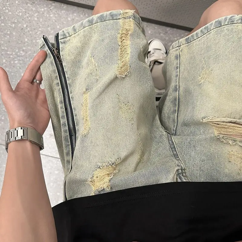 Men's Women's Denim Shorts Retro Ripped Shorts Super Large and Old Frayed Denim Five-point Pants 2023 New