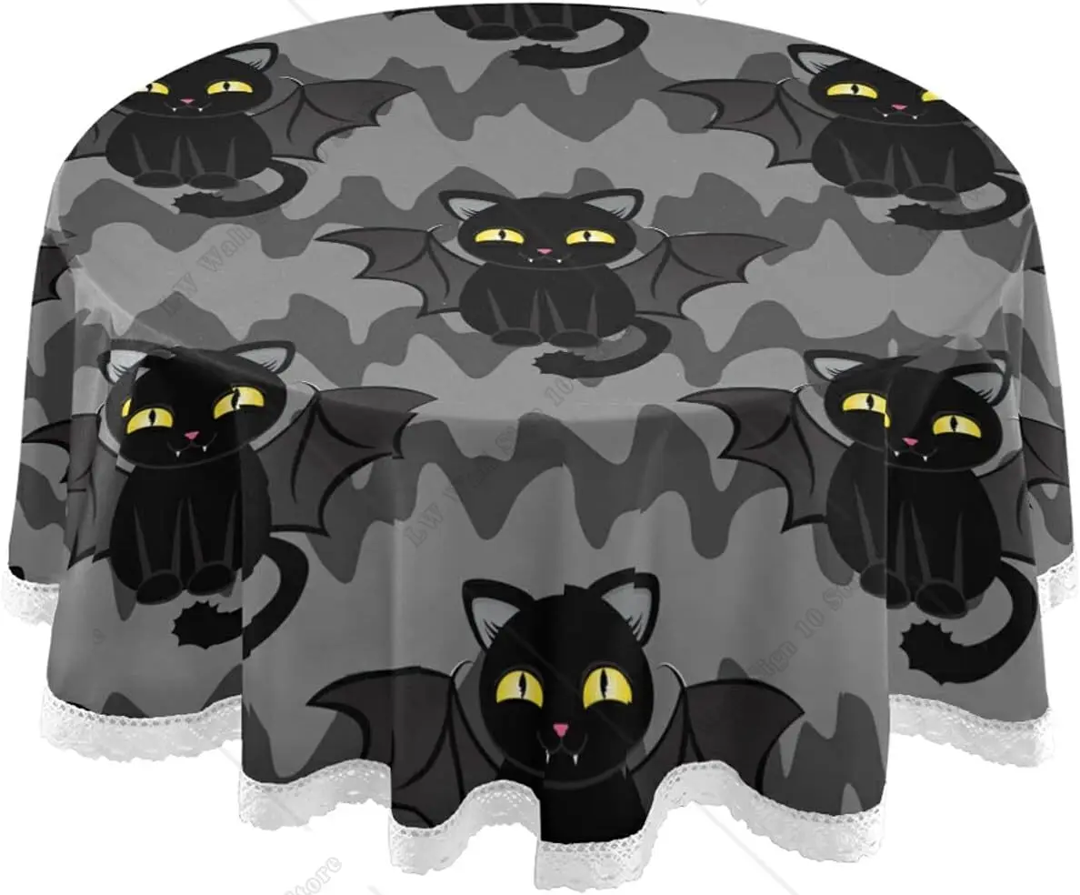 

Круглая скатерть в виде кошки летучая мышь на Хэллоуин, моющаяся круглая скатерть из полиэстера, 60 дюймов, кружевная скатерть для кухни, столовой, настольное украшение