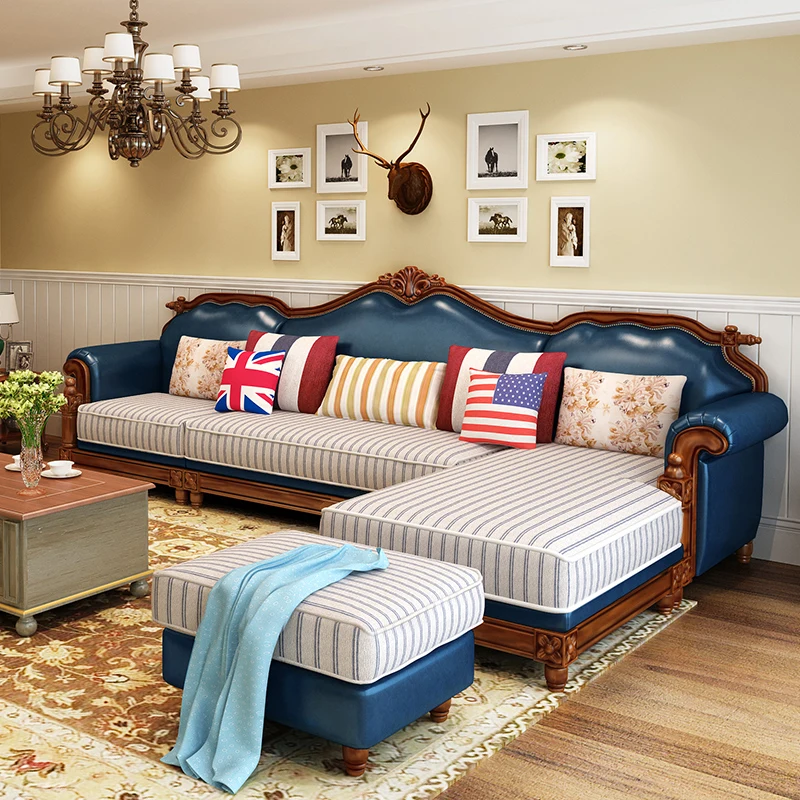 

American vintage solid wood sofa, Mediterranean homestay style corner L-shaped fabric high-end villa sofa