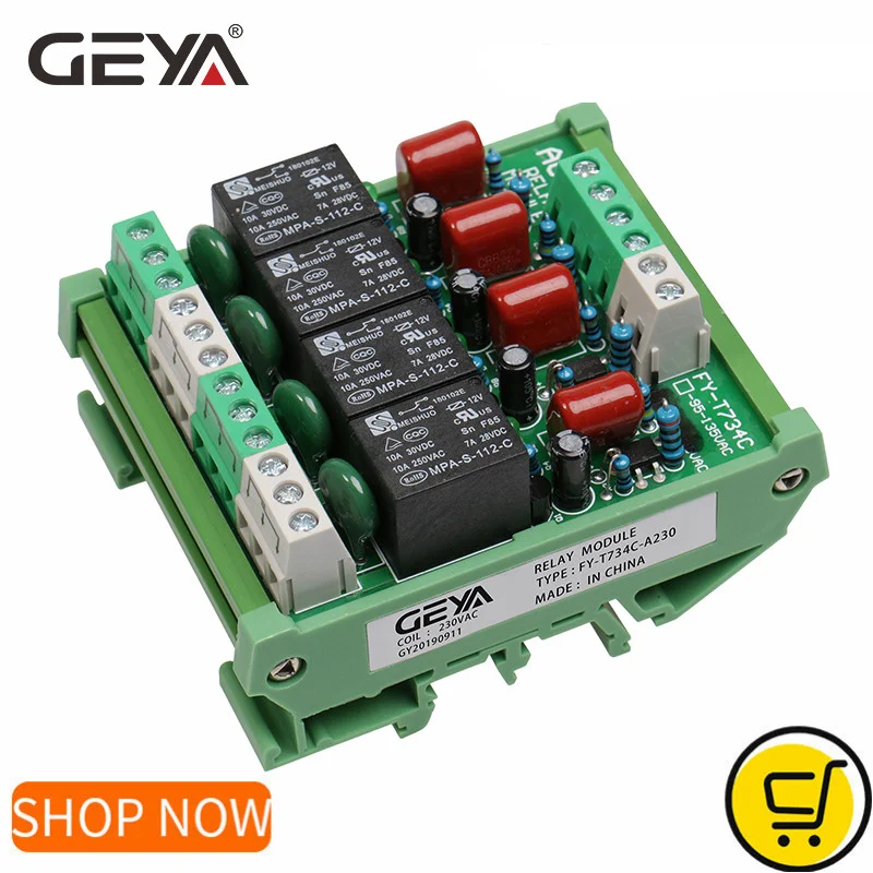 4-Канальный Релейный Модуль GEYA Din Rail, 1 SPDT, крепление на DIN-рейку, 12 В, 24 В постоянного тока, интерфейс постоянного тока, В переменного тока, 5 в постоянного тока